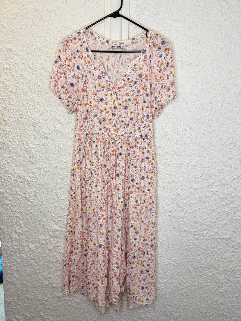 Just Jeans Off-White Viscose/Linen Floral Tiered Dress Sz 10😀6/10