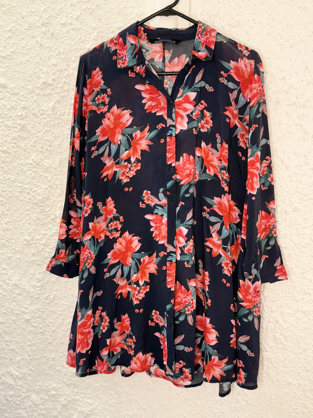 Zara Navy Floral Viscose Shirt Dress Sz S 😀20/10