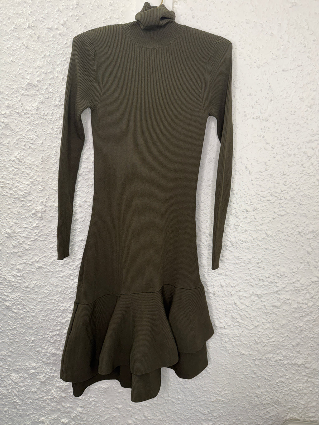 Reiss Khaki Ribbed Viscose Roll Neck Asymmetric Hem Dress Sz S 4/8