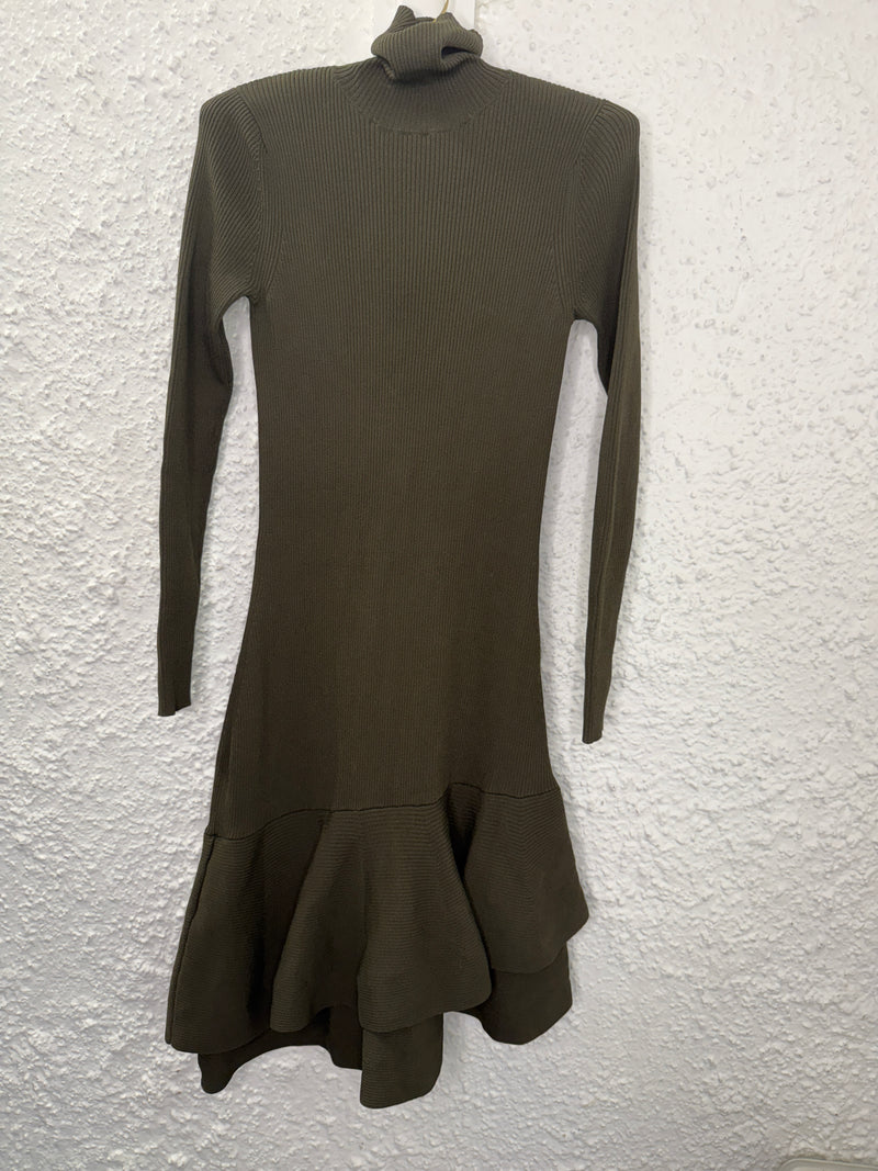 Reiss Khaki Ribbed Viscose Roll Neck Asymmetric Hem Dress Sz S 4/8