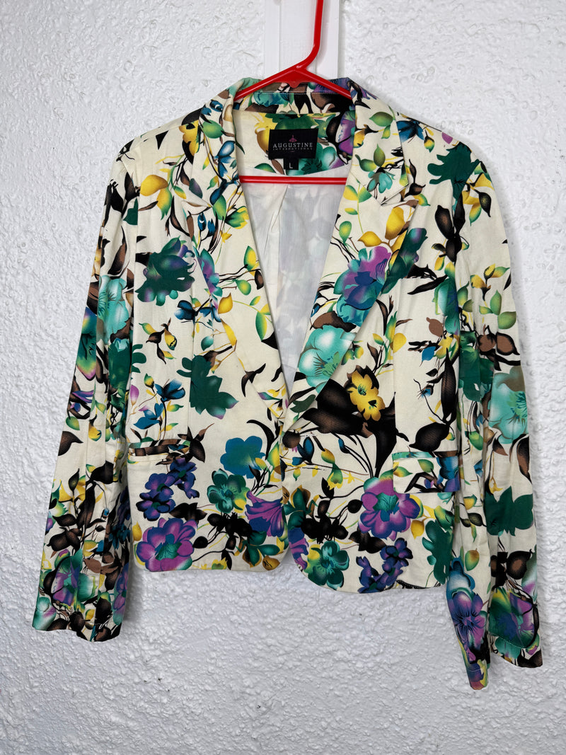 Augustine White Floral Cotton Blazer Sz L😀4/9