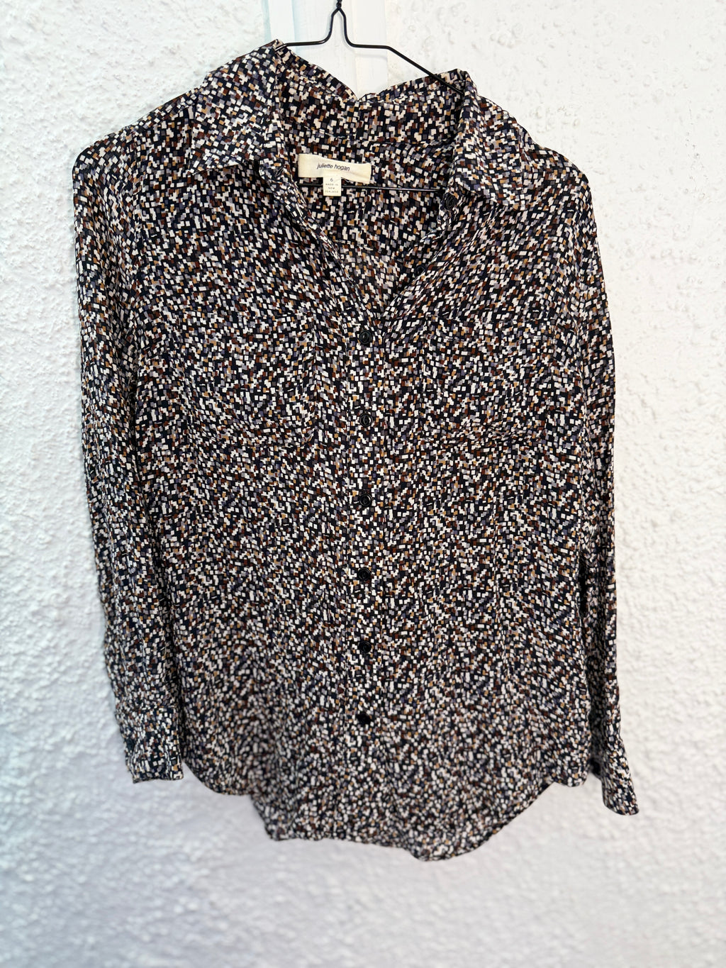 Juliette Hogan brown/black/white silk shirt Sz 6😀8/12