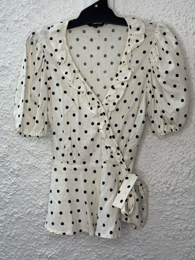 Portmans Off-White/Navy Dots Linen Blend Wrap Top Sz 8😀1/5