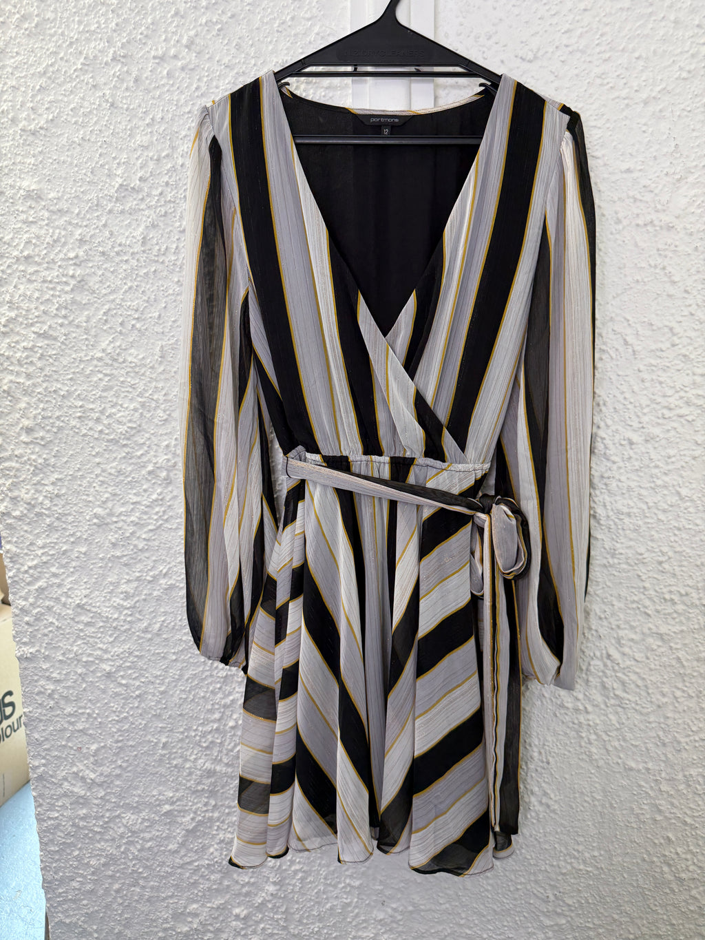 Portmans Black/Grey/White/Gold Faux Wrap Dress Sz 12 31/7