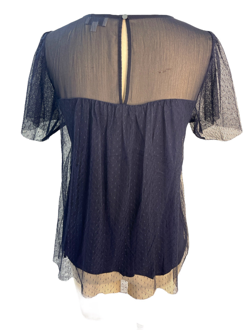 Witchery Sheer Navy Ruffled Top Sz S 💚