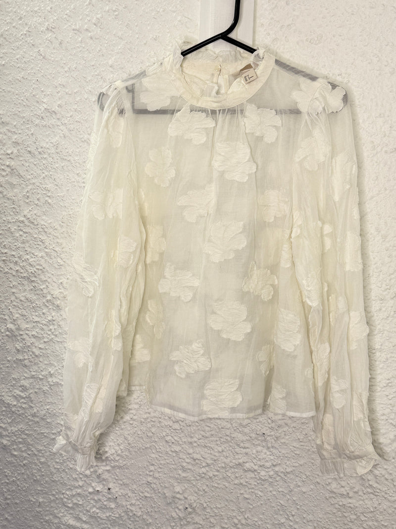 H&M Sheer White Cotton/Modal Floral Appliqué Top Sz 8😀9/10