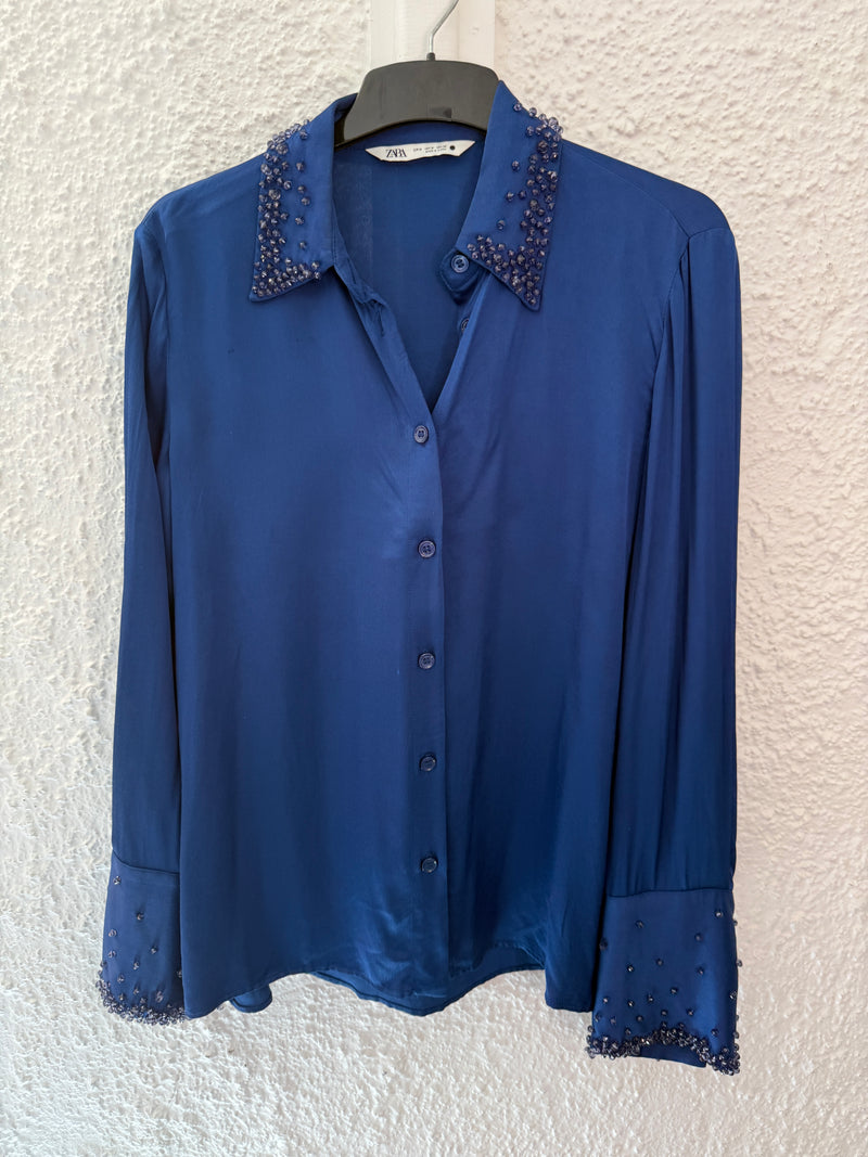 Zara Cobalt Beaded Detail Viscose Top Sz 8😀21/4