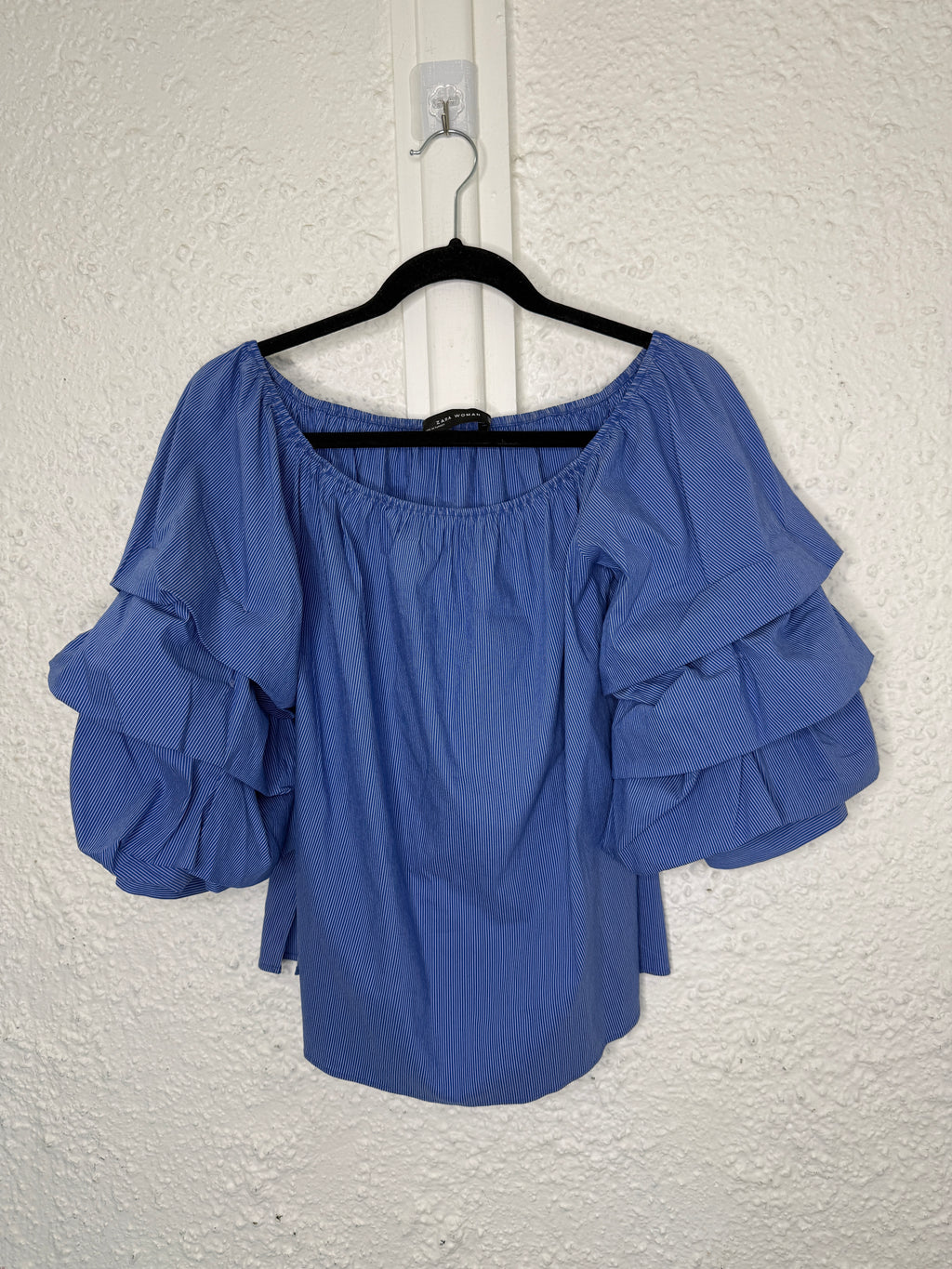 Zara Blue/White Striped Cotton Blend Off-Shoulder Puffy Sleeve Top Sz M  😀4/9
