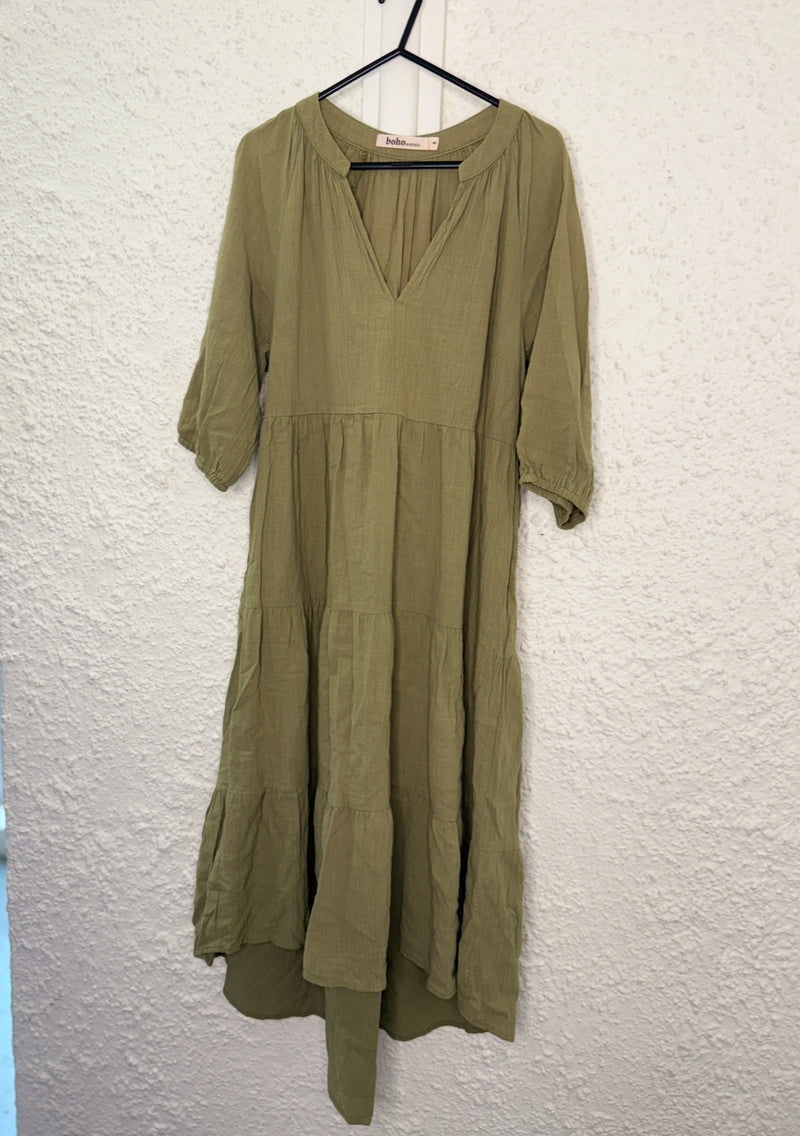 Boho Australia Olive Cotton Tiered Dress Sz S😀11/12
