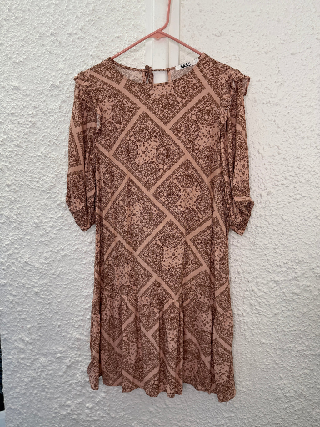 Sass Dusky Pink Viscose Paisley Ruffled Dress Sz 8😀17/11