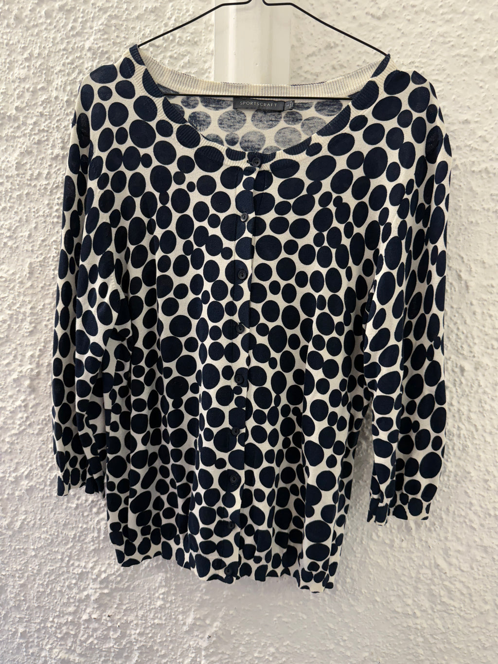 Sportscraft White/Blue Dots Silk/Cotton Cardi Sz L (best fit up to Sz 12)😀14/7