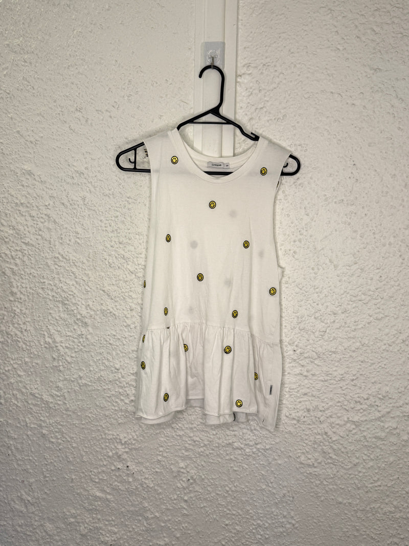 Lower White Smiley Face Embroidered Ruffle Hem Top Sz XS😀10/11
