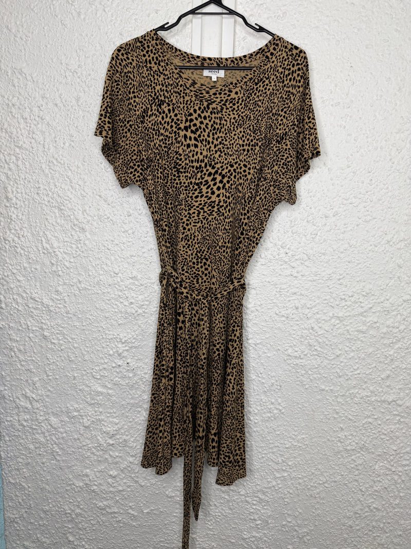 Seed Brown Animal Print Viscose/Linen Dress Sz M😀4/9