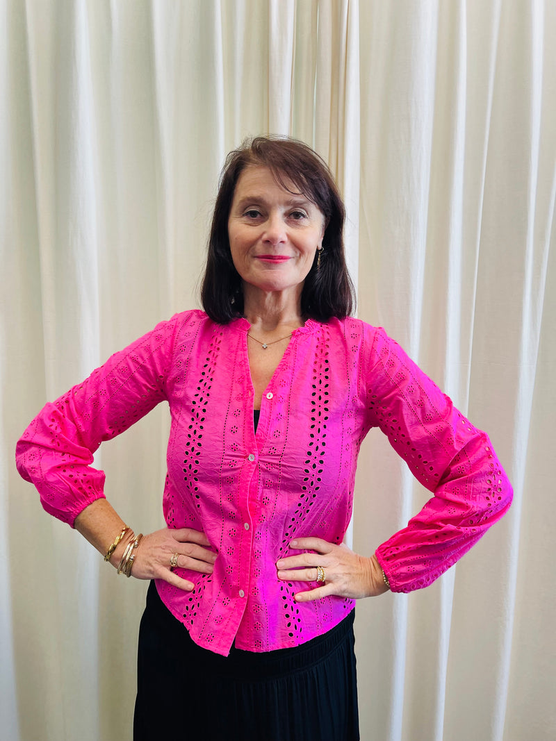 Only Hot Pink Broderie Anglaise Top Sz S