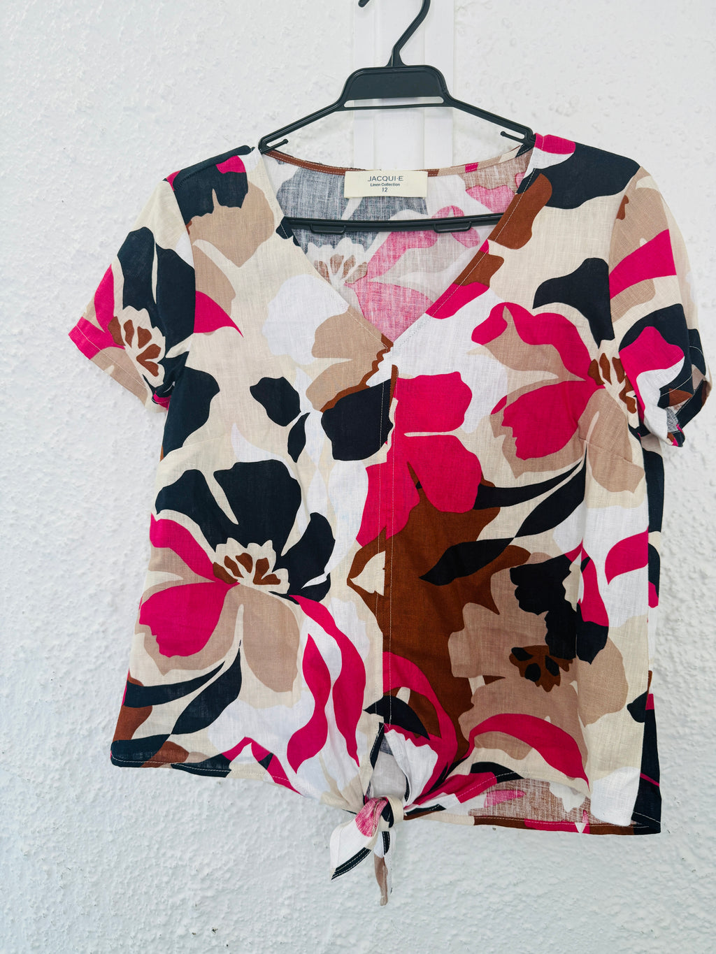 Jacqui E Pink/Brown Linen Floral Top Sz 8😀18/8