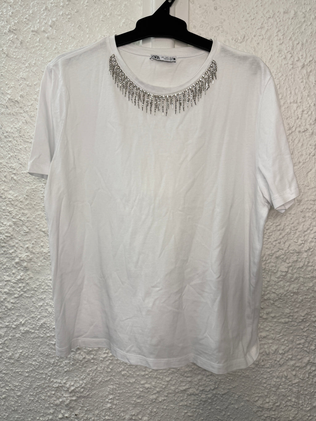 Zara White Jewelled Cotton Tee Sz L😀1/5