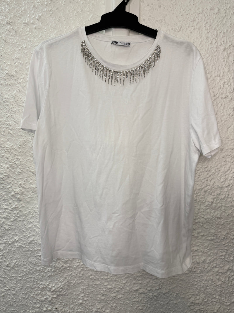 Zara White Jewelled Cotton Tee Sz L😀1/5
