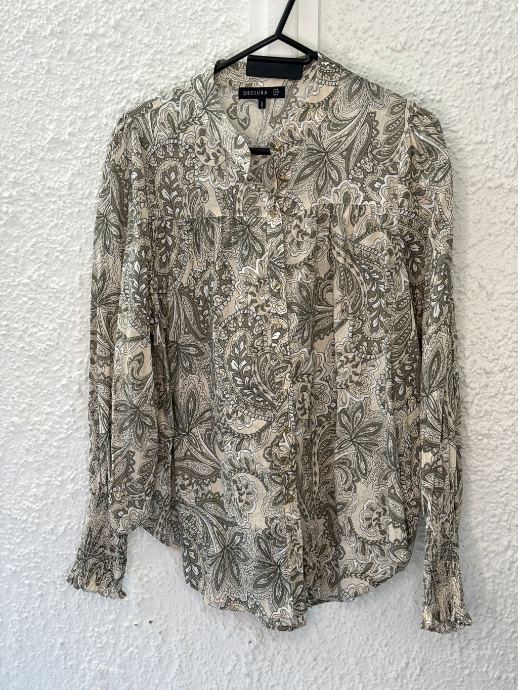 Decjuba Olive Paisley Linen/Cotton Top Sz 16 😀5/5