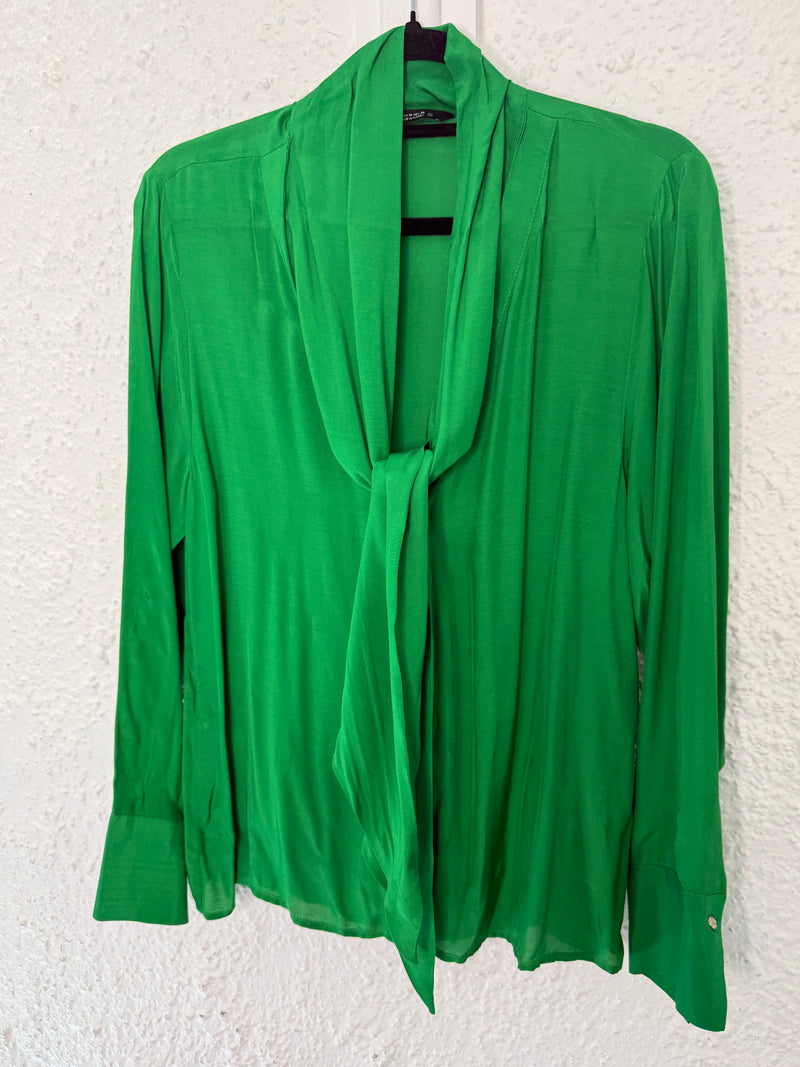 Zara Moss Green Viscose Neck Tie Top Sz M😀18/9