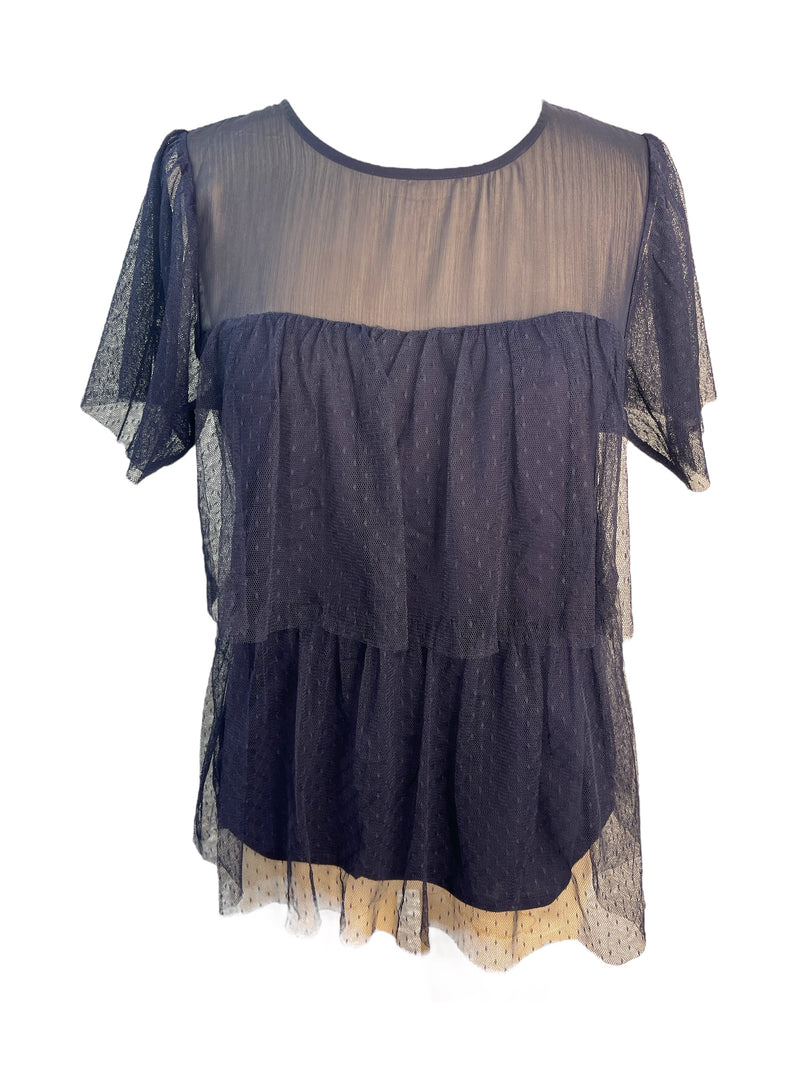 Witchery Sheer Navy Ruffled Top Sz S 💚