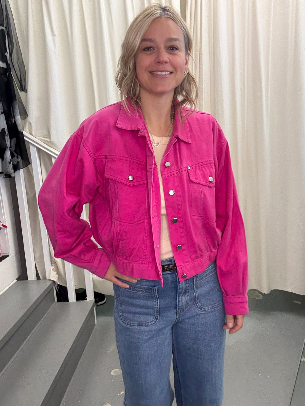 Just Casuals Pink Crop Denim Jacket Sz10/12