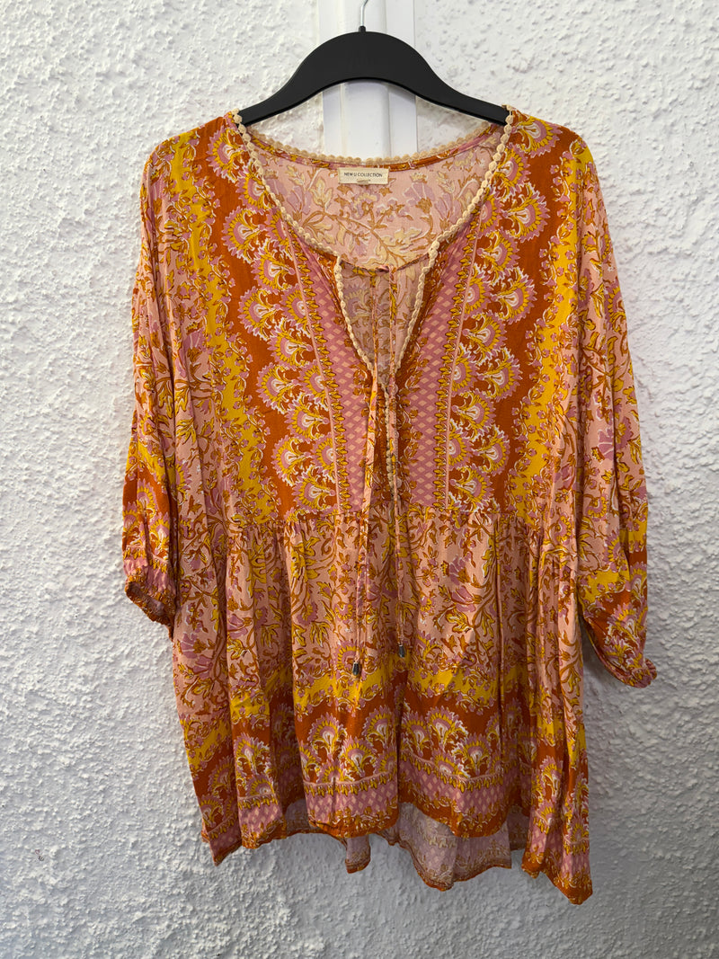New U Collection Orange Floral Rayon Top Sz 16 😀24/4