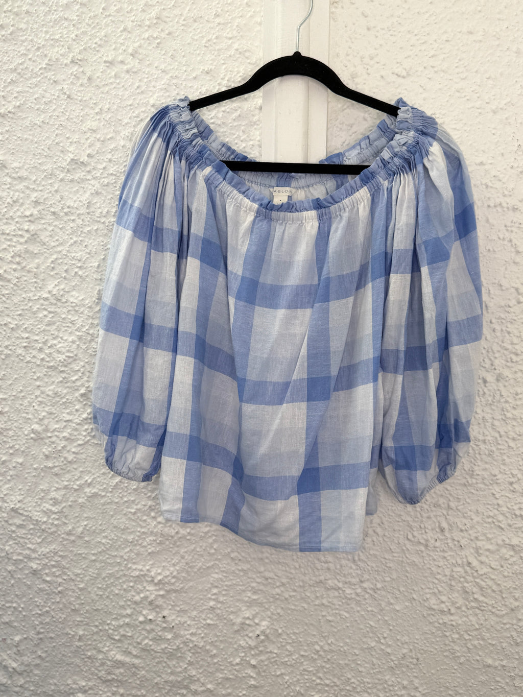 Caslon Blue/White Checkered Linen/Rayon Off-Shoulder Top Sz M😀17/11