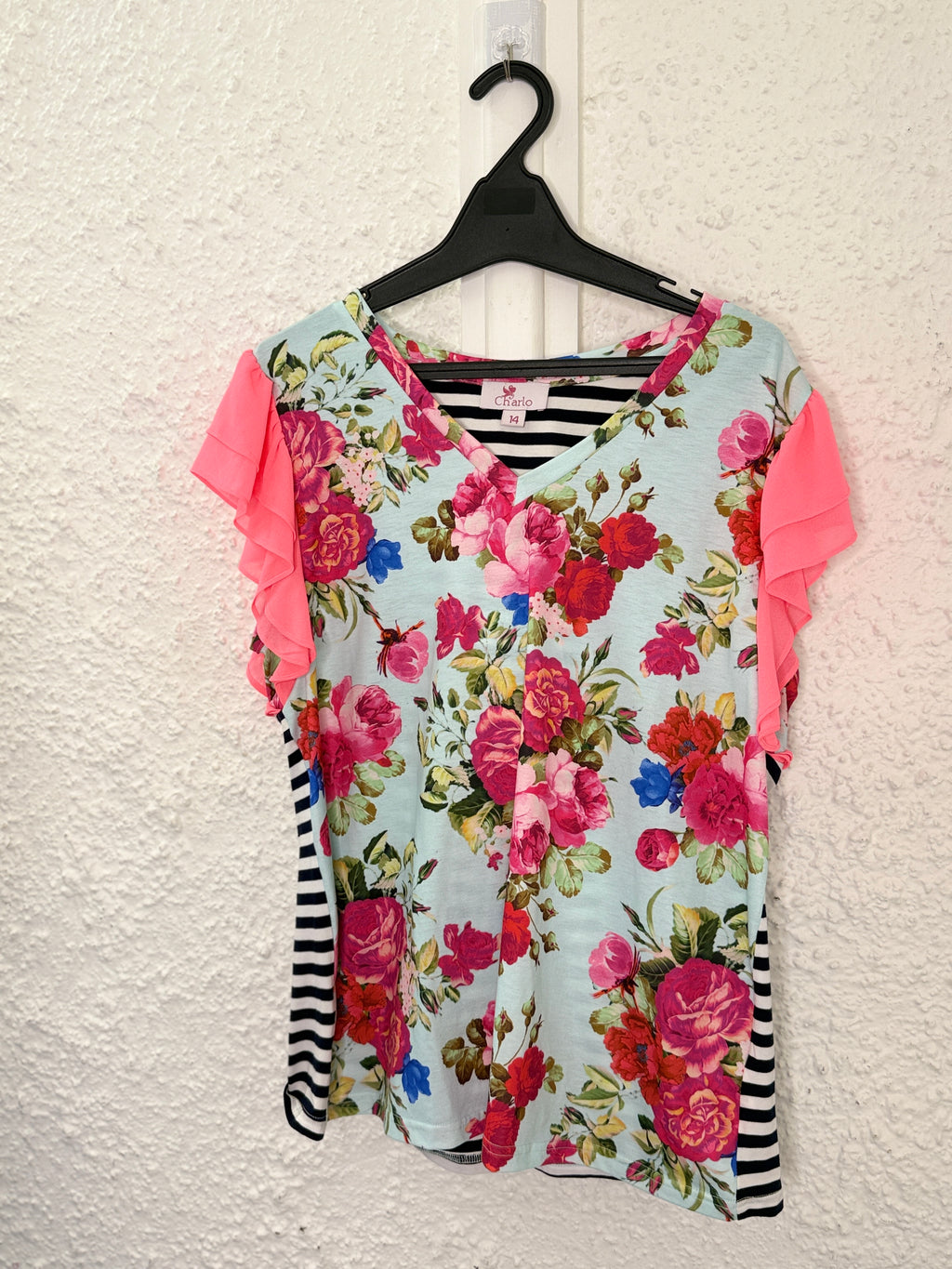 Charlo Duck Egg /Pink Roses Cotton Blend Top Sz 14😀13/10
