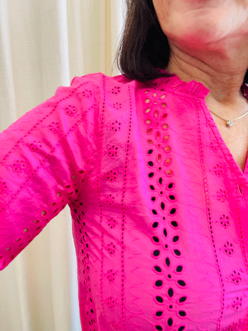 Only Hot Pink Broderie Anglaise Top Sz S