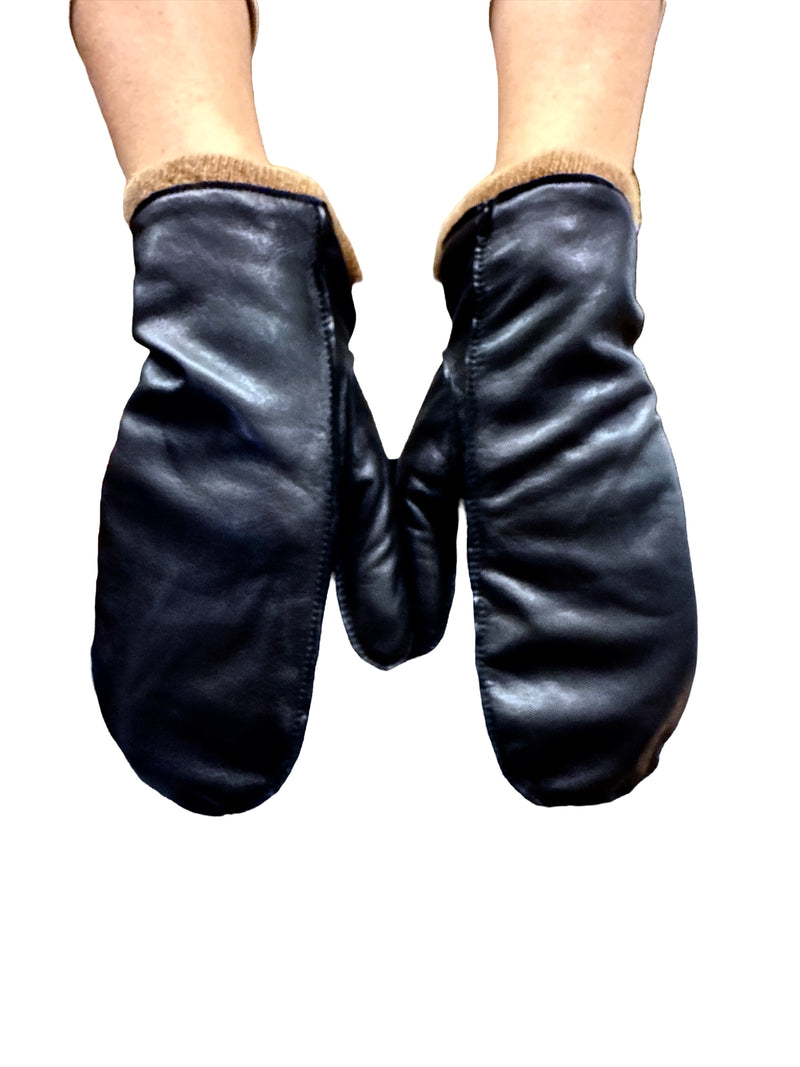Cos Black/Brown Leather/Cashmere Lined Mittens Sz XS/S NEW! 😀28/7 Ko