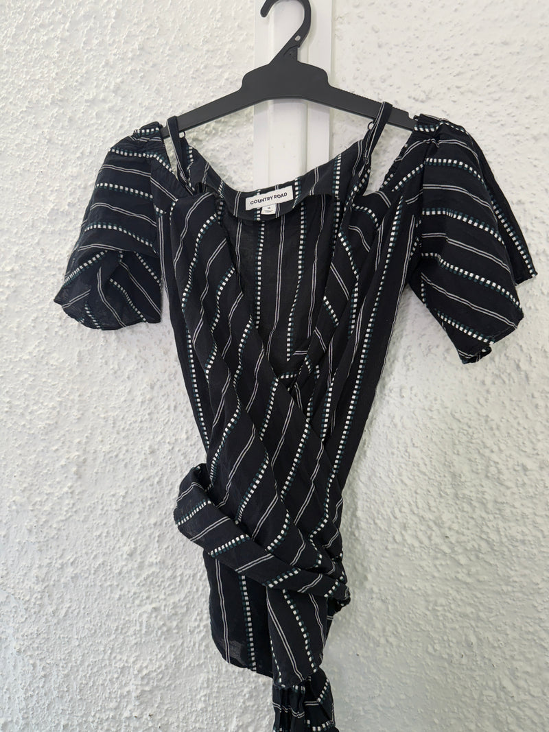 Country Road Black Cotton Striped Cold-Shoulder Wrap Top Sz 14😀18/8