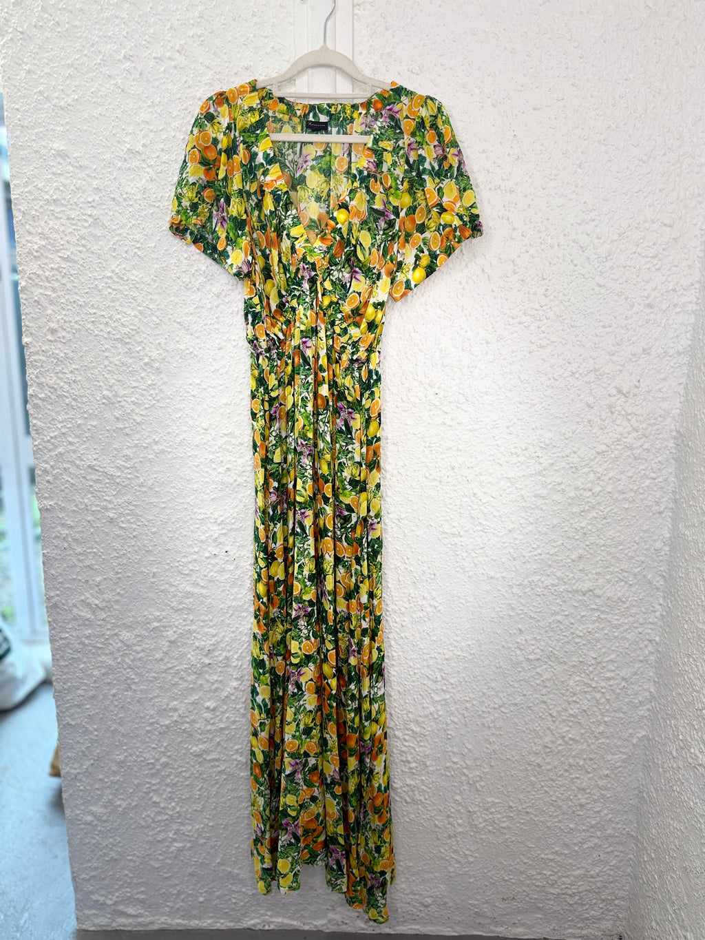 Florencia Yellow Citrus Print Rayon Maxi Dress Sz L (Best  fit Sz 10-12)😀20/11