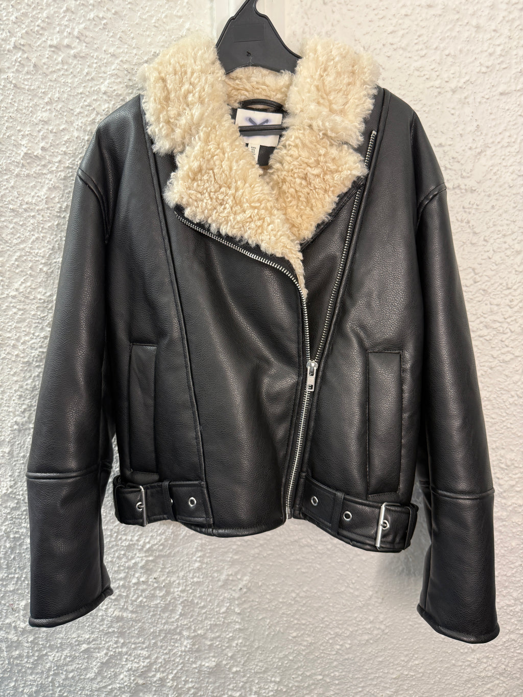 H&M Black Faux Leather/Faux Fur Collar Biker Jacket Sz S 😀12/5