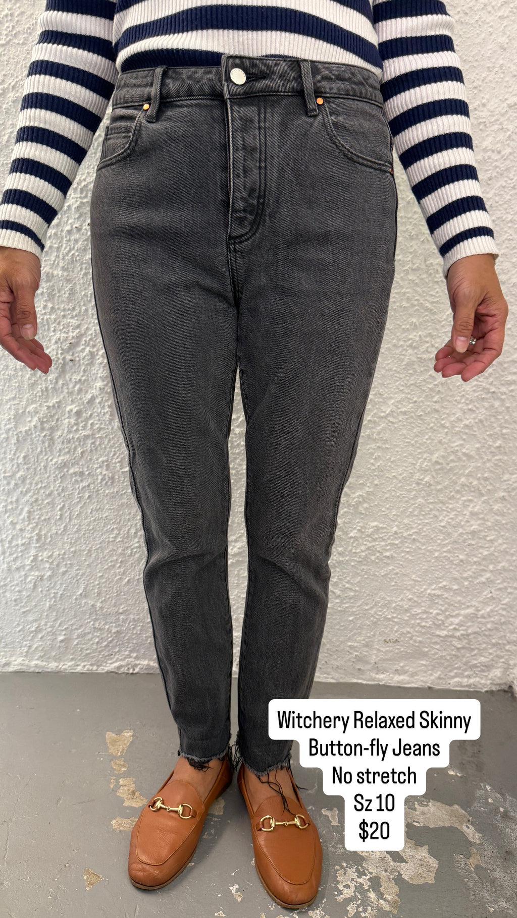 Witchery Light Black Relaxed Slim Fit No Stretch Hard Denim Button Fly Jeans Sz 10😀10/7