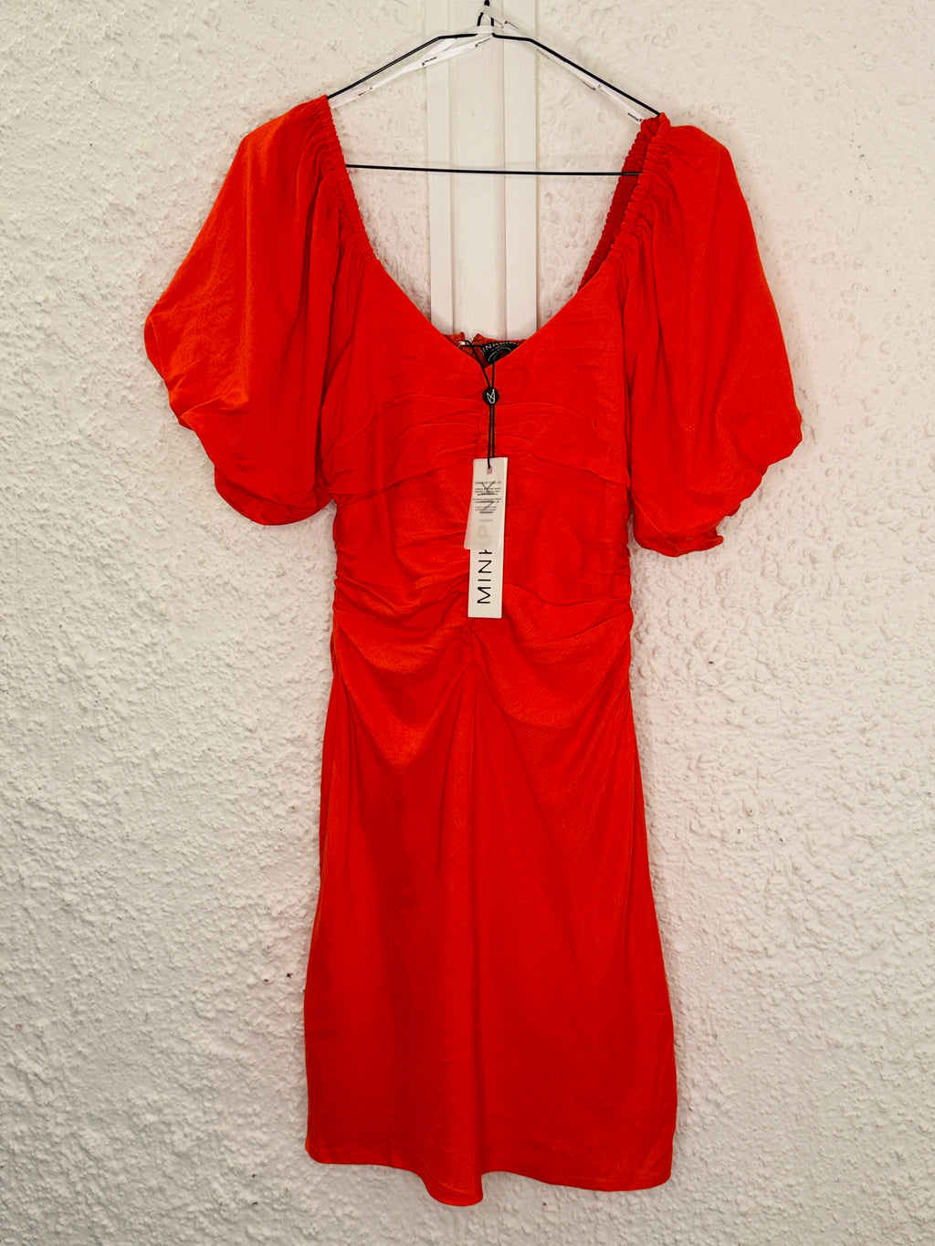 Minkpink Nerida Orange Viscose/Linen Ruched Mini Dress Sz L😀29/9