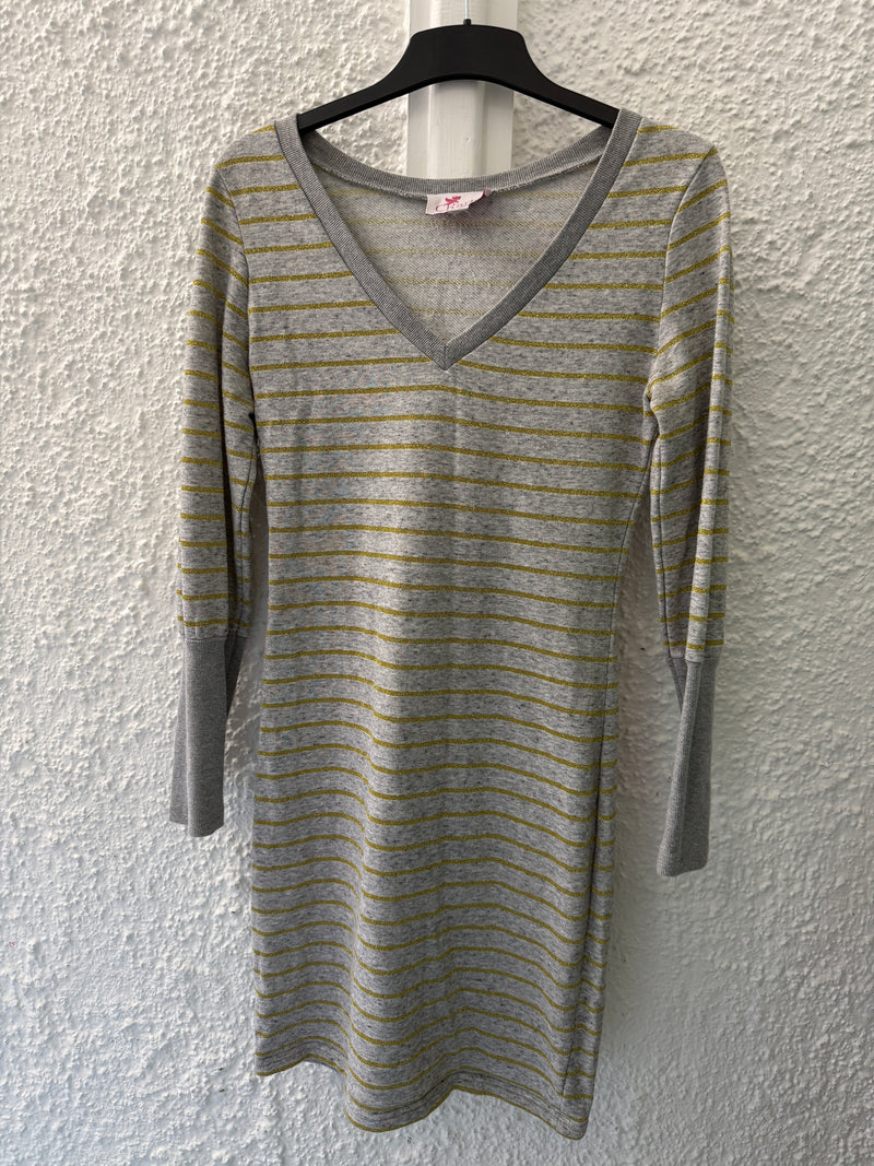 Charlo Grey/Gold Stripe Cotton Dress  Sz 8😀26/5