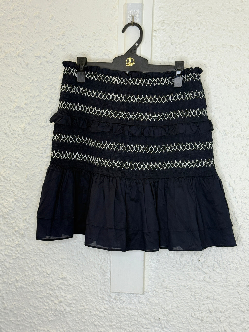 Whistle Navy Cotton Embroidered Ruched Skirt Sz 12😀6/10