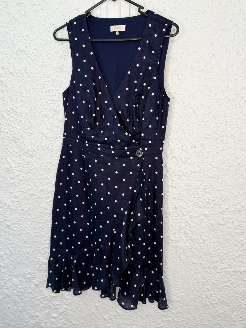 Portmans navy/white polkadot linen dress Sz 10😀8/12