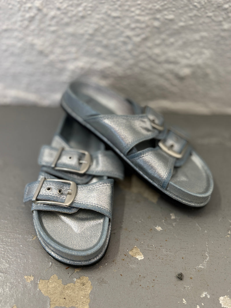 Zara Metallic Blue Slides Sz 40😀9/10