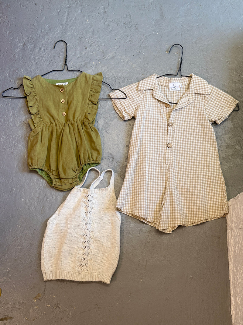 3 Kids items: Jamie Kay beige cotton top Sz 4 yrs/Peggy khaki cotton/linen rompers 6-12 mo/Sienna Blair Beige cotton romper Sz2 😀8/12