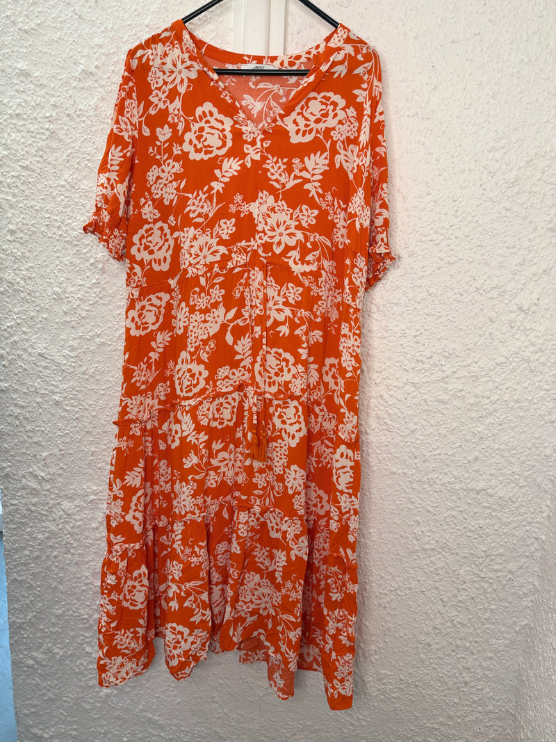 Next Orange/White Viscose Floral Dress Sz 16 😀23/10
