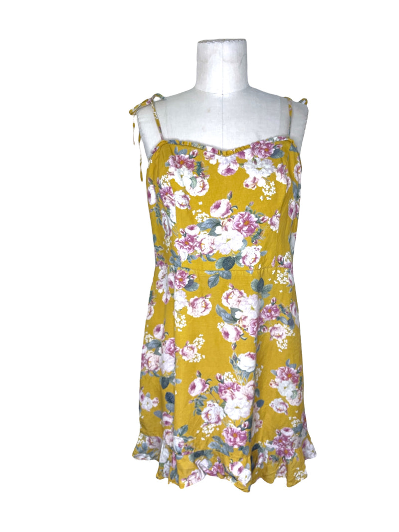 Forever New Mustard Linen Floral  Dress Sz 14 💛