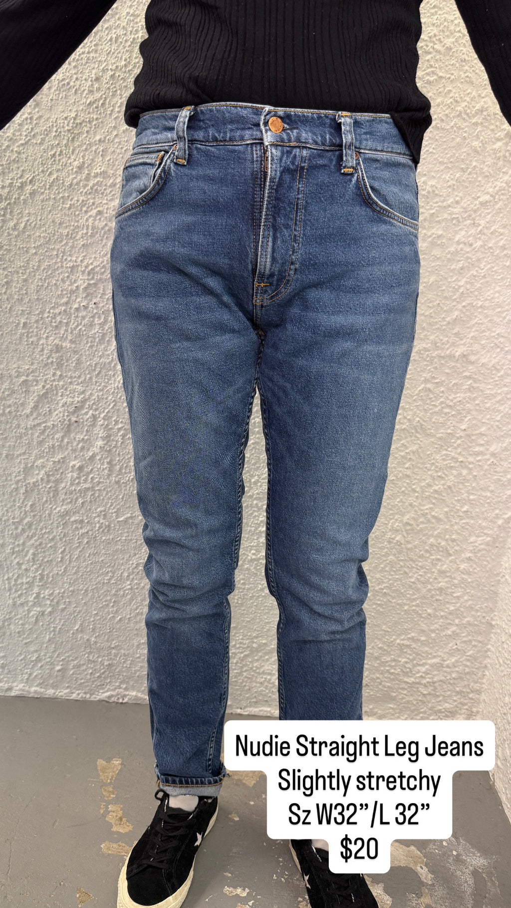Nudie Med Blue Little Stretch Straight Leg Hard Denim Jeans Sz W32”/L32”😀10/7