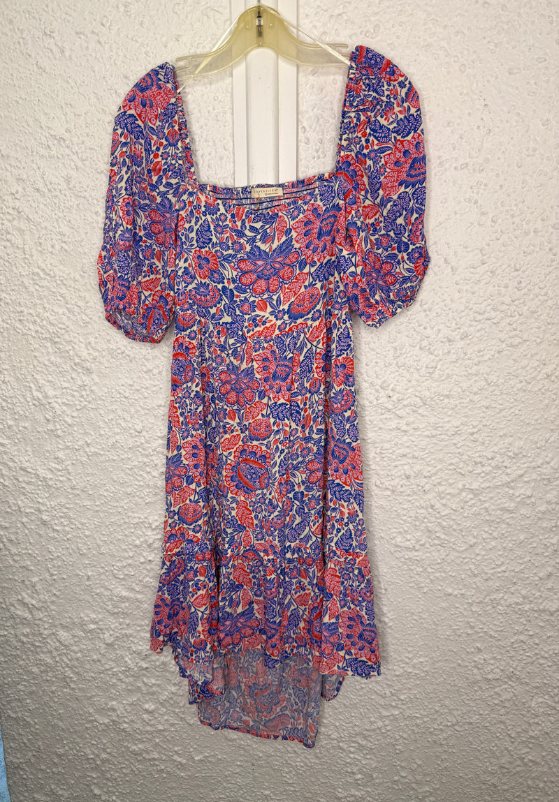 Lovestitch Blue/Red Floral Rayon Hi-Low Hem Dress Sz L (Best fit Sz 10-12) NEW!😀8/9