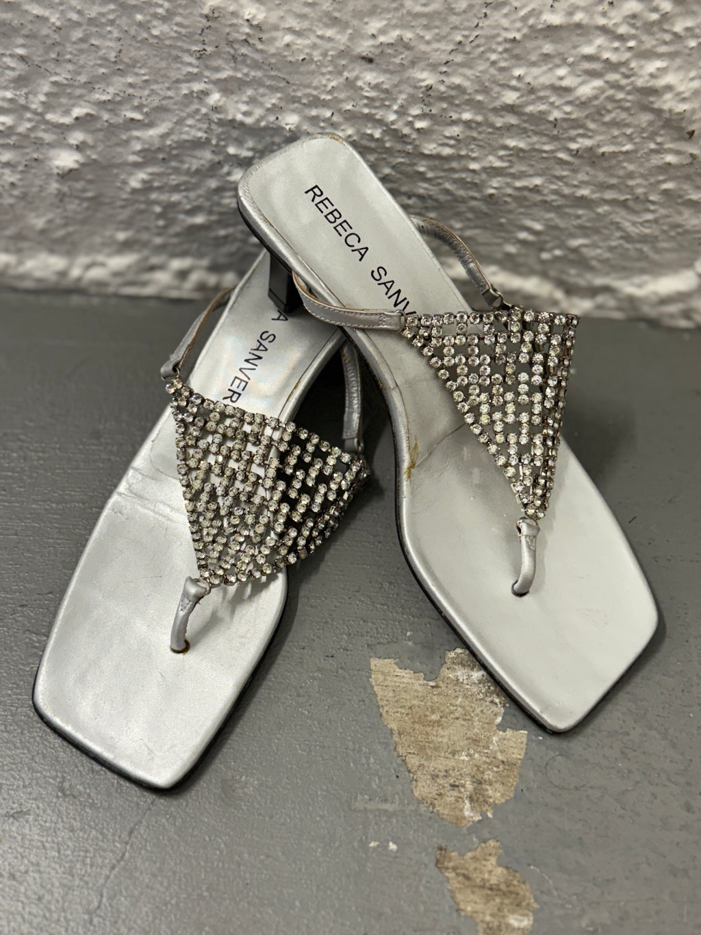 Rebecca Seaver Spanish Silver Leather Diamante Heeled Sandals Sz 37 😀4/12